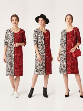 chic Red and Ivory Animal Split-Panel Midi Dress